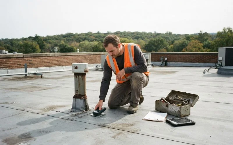 A commercial roofing technician inspecting membrane seams and a rooftop drain on a flat low-slope building roof