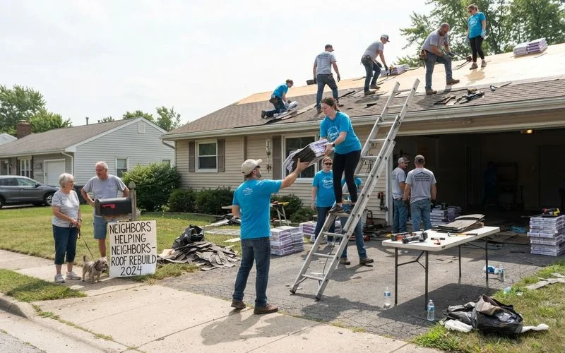 A volunteer crew from a community repair program installing new shingles on a homeowner's roof as part of an assistance project