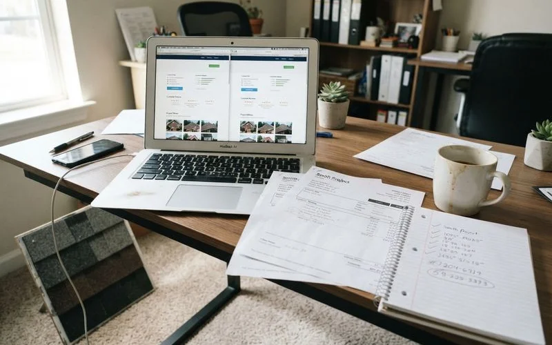 A person comparing several local roofing contractor profiles side by side on a laptop while reviewing ratings and summaries