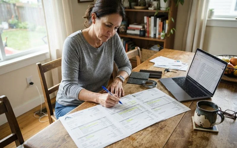 A written roofing estimate laid out next to shingle samples on a kitchen table during a homeowner consultation