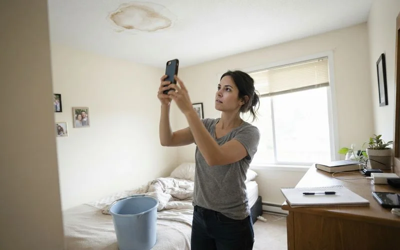 A tenant documenting a ceiling water stain from a roof leak with a smartphone photo as part of a written notice to their landlord