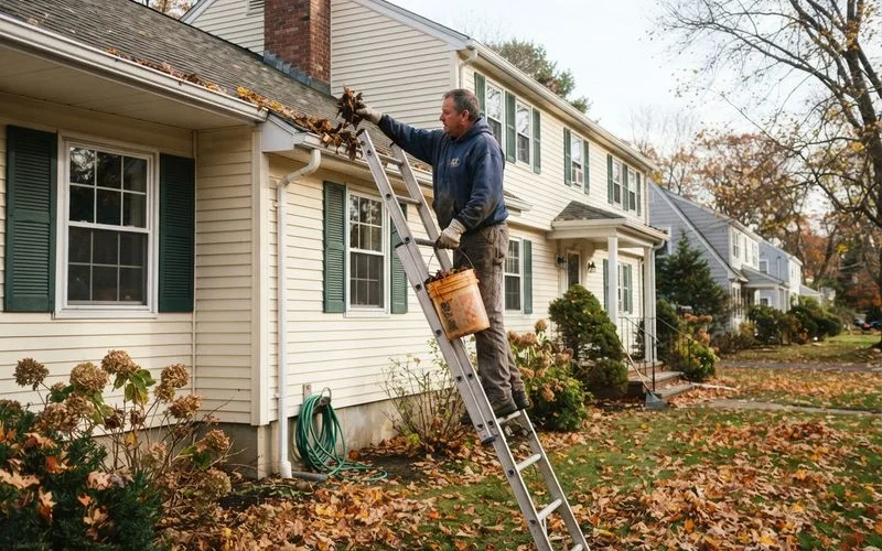 A contractor clearing wet leaves and debris from a residential gutter system in late autumn before winter weather arrives