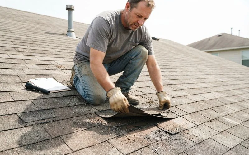 A roofer examining curled and granule-worn asphalt shingles on an aging residential roof before recommending next steps