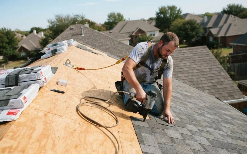 A roofing crew installing new shingles over fresh underlayment on a residential roof during a tear-off and replacement job