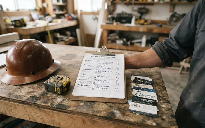 Close view of a printed rubric checklist next to a tablet showing a roofing company profile page