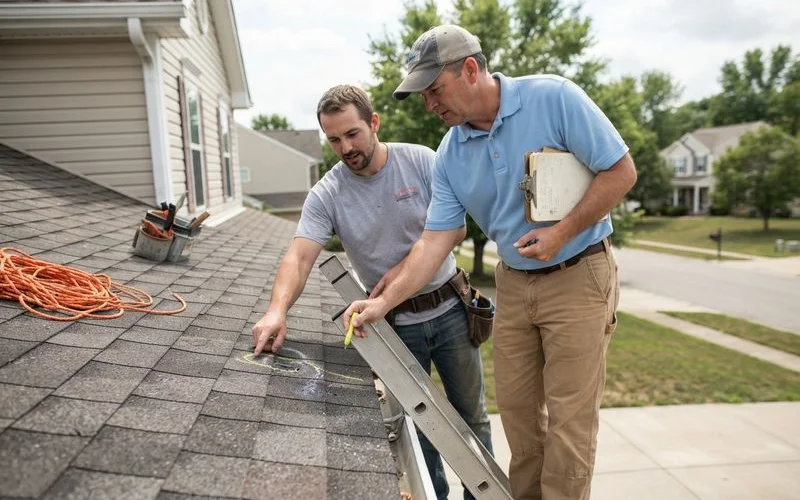 An insurance adjuster and homeowner reviewing storm damage photos and a written roofing estimate together on site