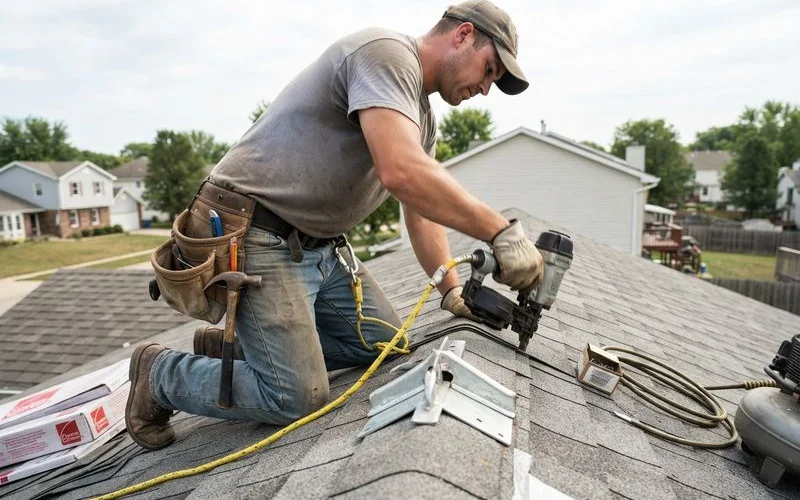 A roofer wearing a safety harness connected to a roof anchor point while working on a steep residential roof pitch