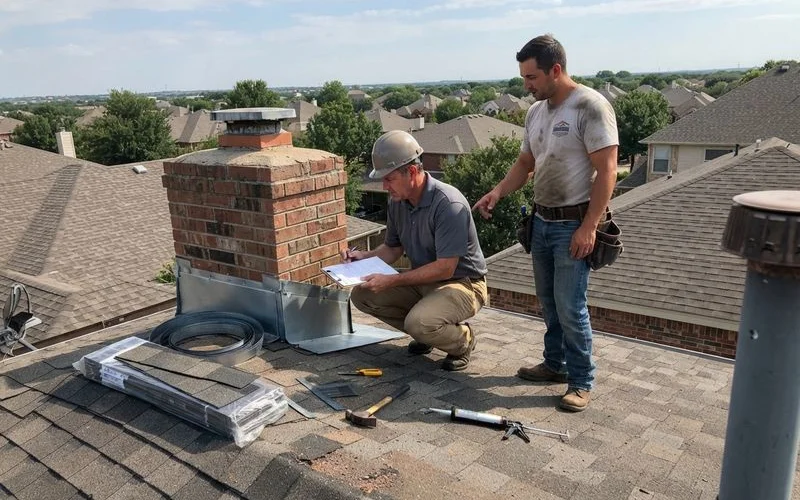 A building inspector reviewing a roofing permit and construction plans on site during a residential reroof