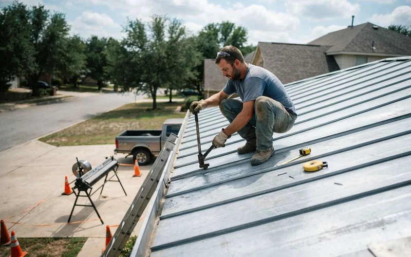 A standing seam metal roof panel being installed with visible seaming tool and hidden fastener clips