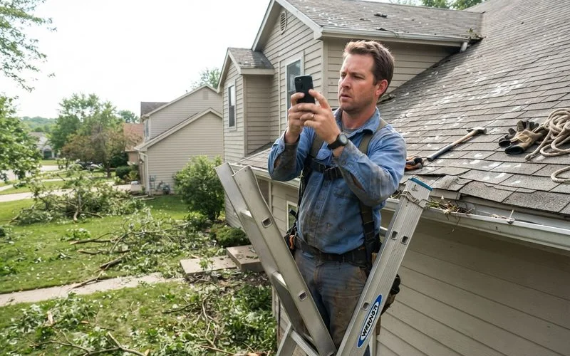 A homeowner and contractor reviewing a written damage assessment together after a storm, checking flashing and shingle condition