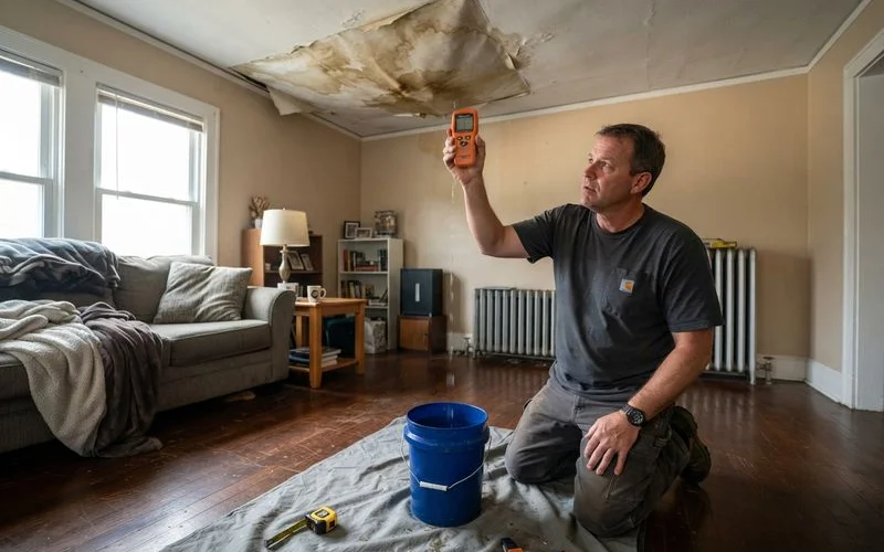 A close-up of water-stained ceiling drywall showing early signs of moisture damage from a hidden roof leak